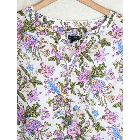 EUC Talbots Flourishing Vine Popover Top Sz M Floral White Purple Long Sleeve - Picture 4 of 6